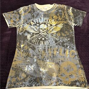 Affliction Tee Gray and Gold Skull Design Distressed T-Shirt